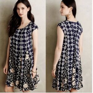 Anthropologie Maeve Indiga Blue Floral Tie Back Abstract Swing Dress Size XS